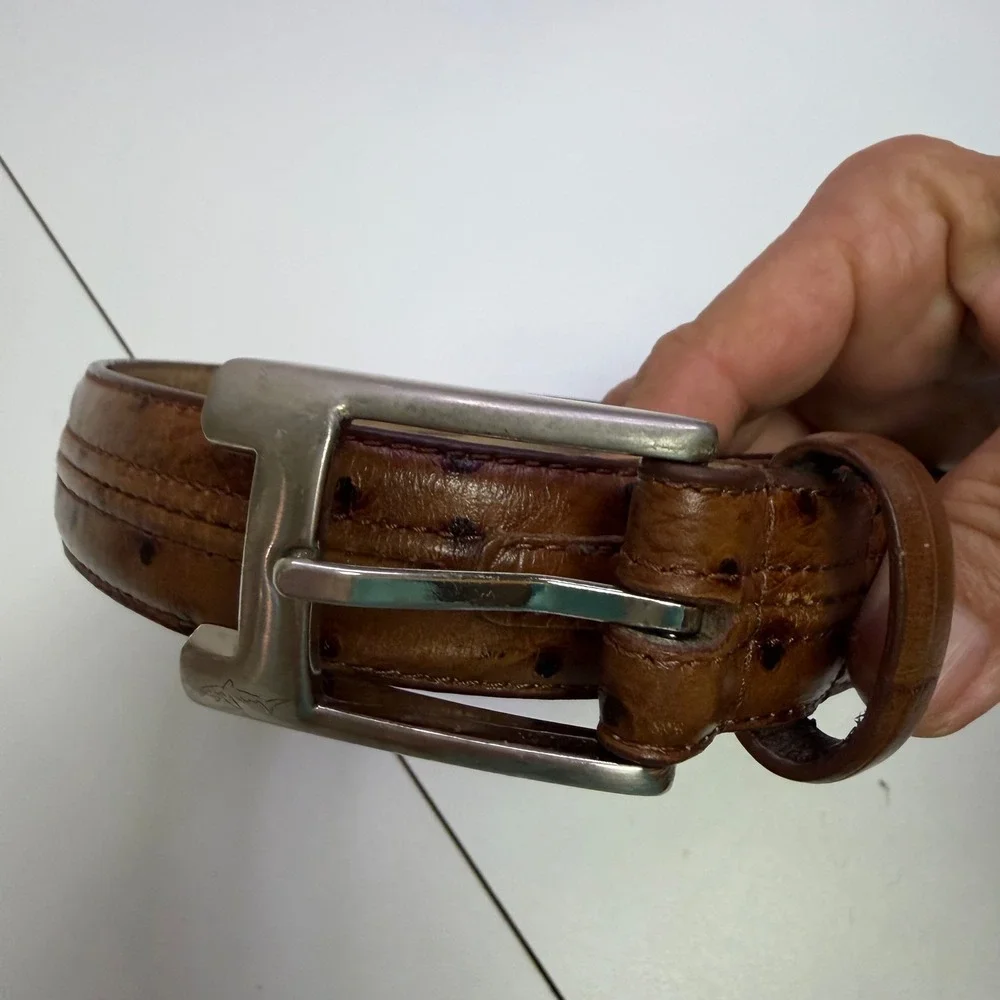VTG Greg Norman Yachting Brown Ostrich Leather‎ Belt Silver Shark Logo GNL010
